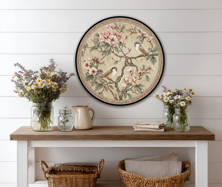 Beige dominates this elegant, floral round oil painting featuring songbirds on a blossoming branch, enhanced with an attractive oil painting decoration.