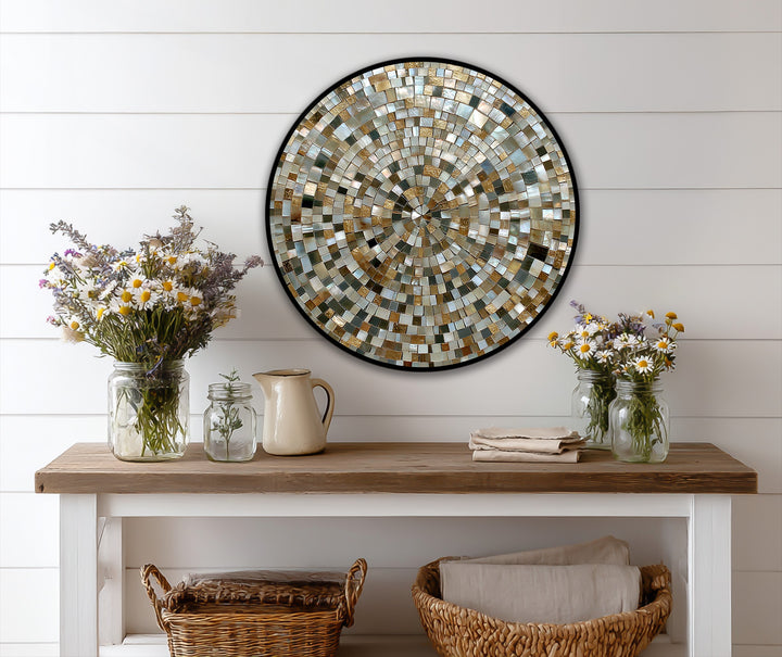 Intricate surface texture highlights the mosaic pattern in this round oil painting decoration, creating a unique, golden spiral harmony on the surface.