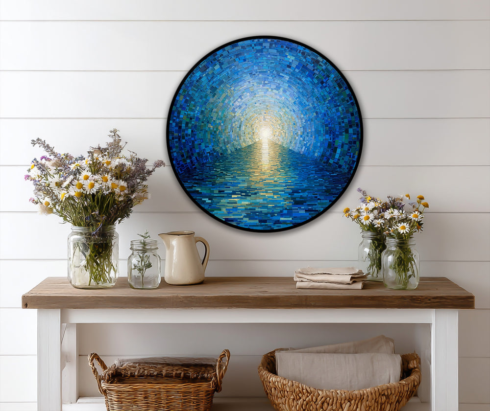 Bold color saturation dominates this round, mosaic-style oil painting wall art, depicting a radiant horizon above a tranquil blue ocean.
