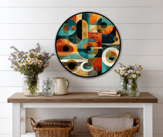 Subtle color gradations highlight the oil painting reproduction print showcasing retro geometric circles in this abstract round oil painting.
