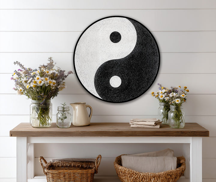 Swirling lines convey a dynamic energy in this minimalist round oil painting reproduction print, Eternal Balance – Yin Yang, suggesting a continuous cycle of opposing forces.