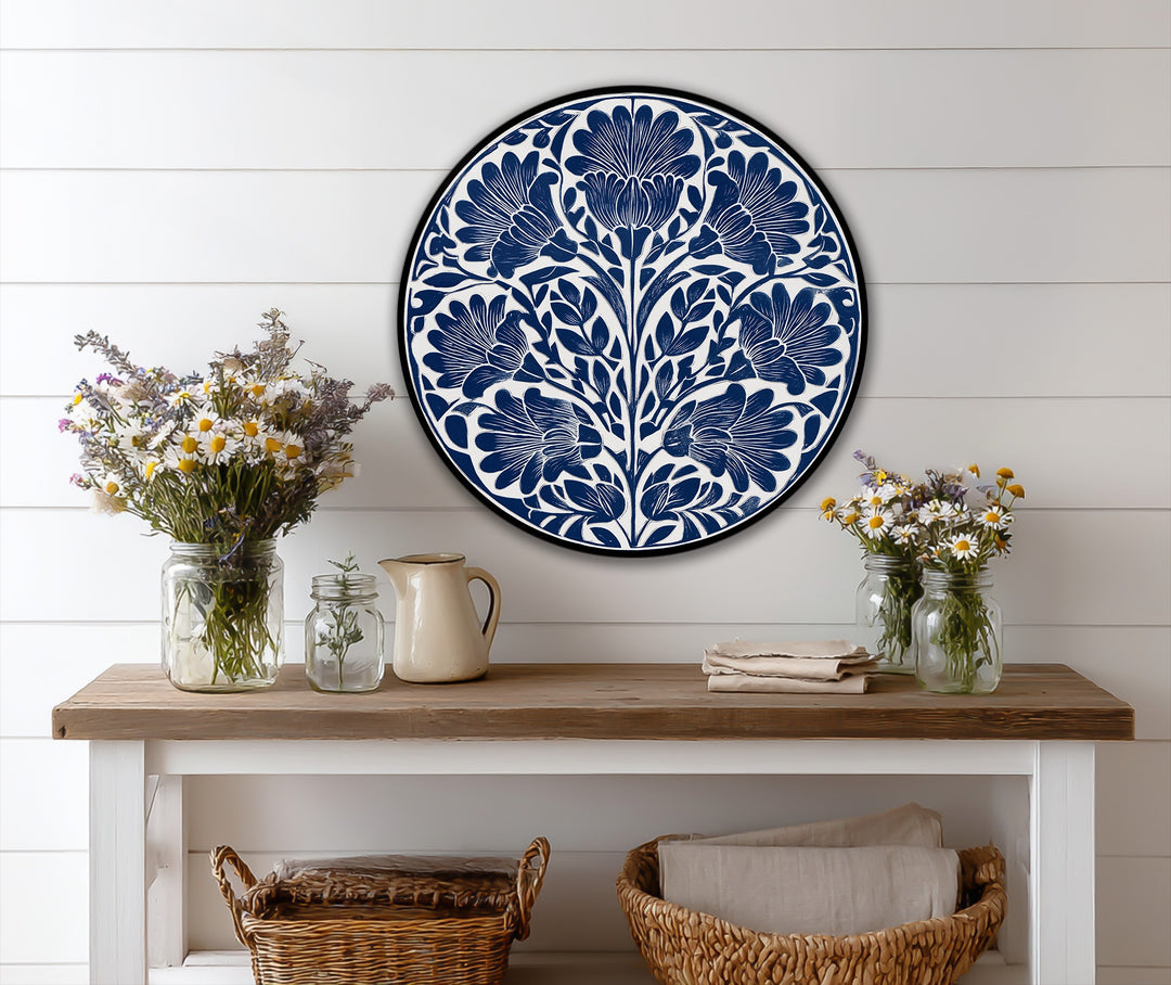 Indigo Floral Motif Round Oil Painting
