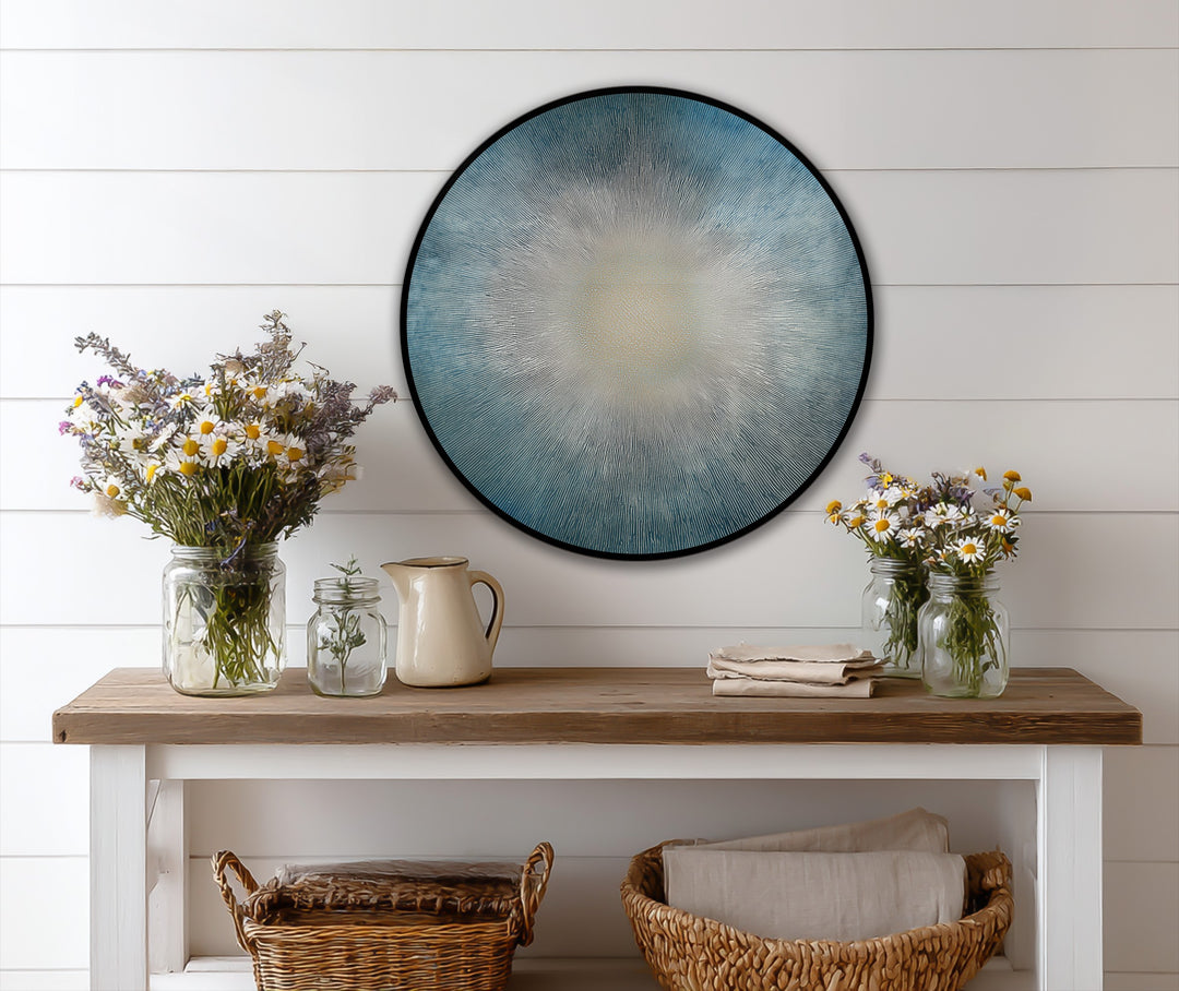 Displaying realistic detail, this 'Radiant Horizon' oil painting decoration captures the sunburst effect with nuanced blue hues and textures.