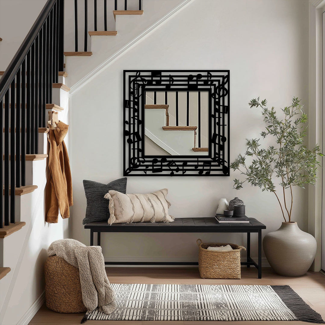 Black matte finish defines this musical notes frame metal artwork wall mirror, reflecting a modern design for a stylish and artistic touch.