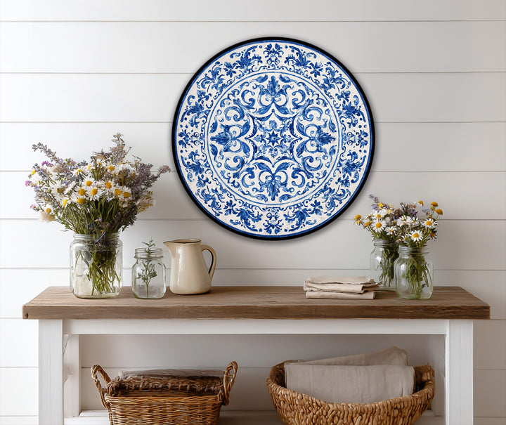 Deeply layered, this classic blue ornamental plate-style round oil painting offers rich texture and invites the eye into the details of oil painting home decor.