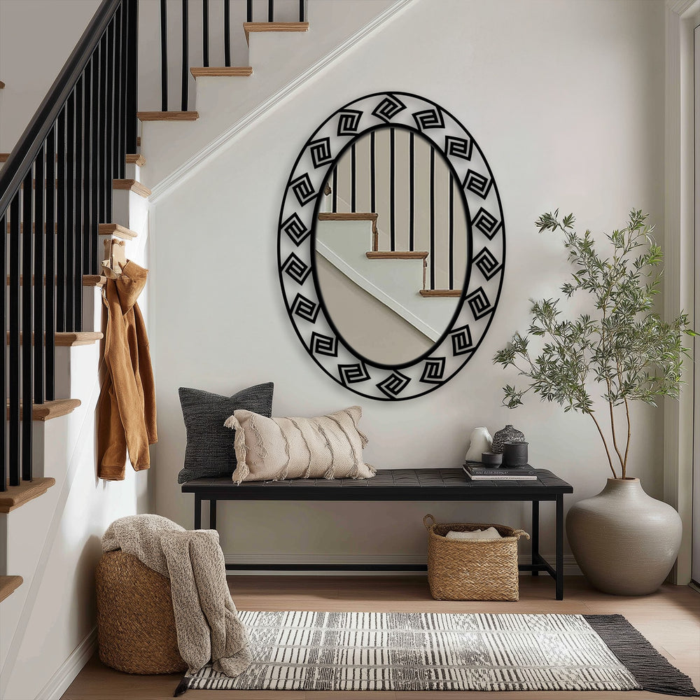 Finished in black, the oval modern Greek key pattern floor mirror features a geometric frame, enhancing its style as a decorative metal art piece.