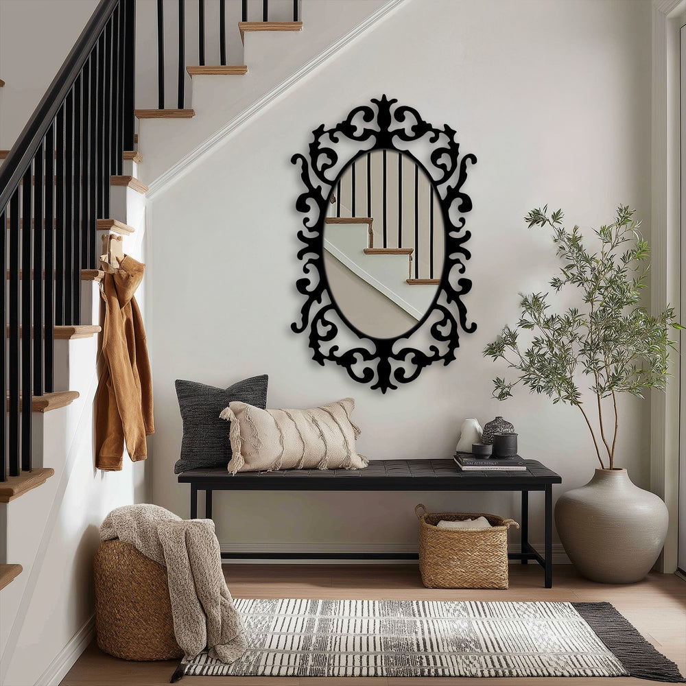 Vertically oriented, the oval Victorian Elegance Curved Frame Floor Mirror presents a captivating silhouette for decorating with wall mirrors in any entry space.