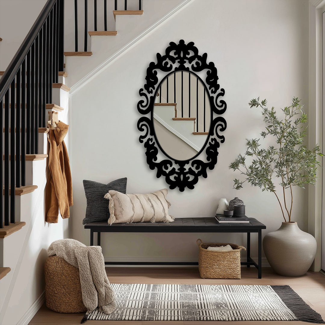 Understated color saturation enhances the regal feel of this framed wall mirror, accentuating the decorative royal crest ornament oval design.
