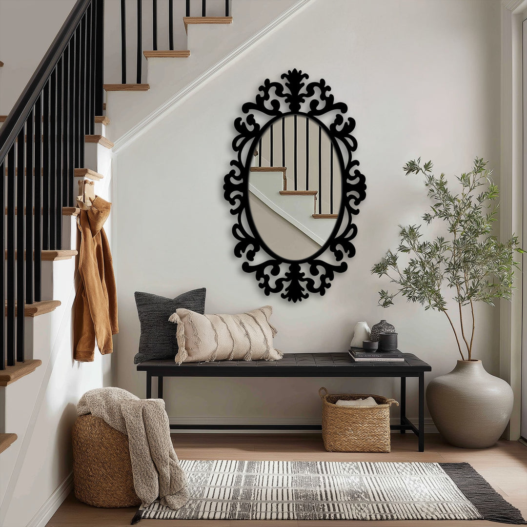 The focal point showcases the Regal Flourish Baroque Oval Floor Mirror, a decorative framed wall mirror reflecting a modern staircase, adding depth to a stylish entryway.
