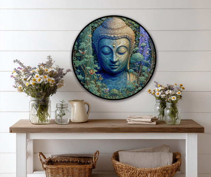 Evoking an ethereal ambiance, this emerald Buddha round oil painting reproduction print showcases an abstract quality through dreamlike forest tranquility and lush, vibrant tones.