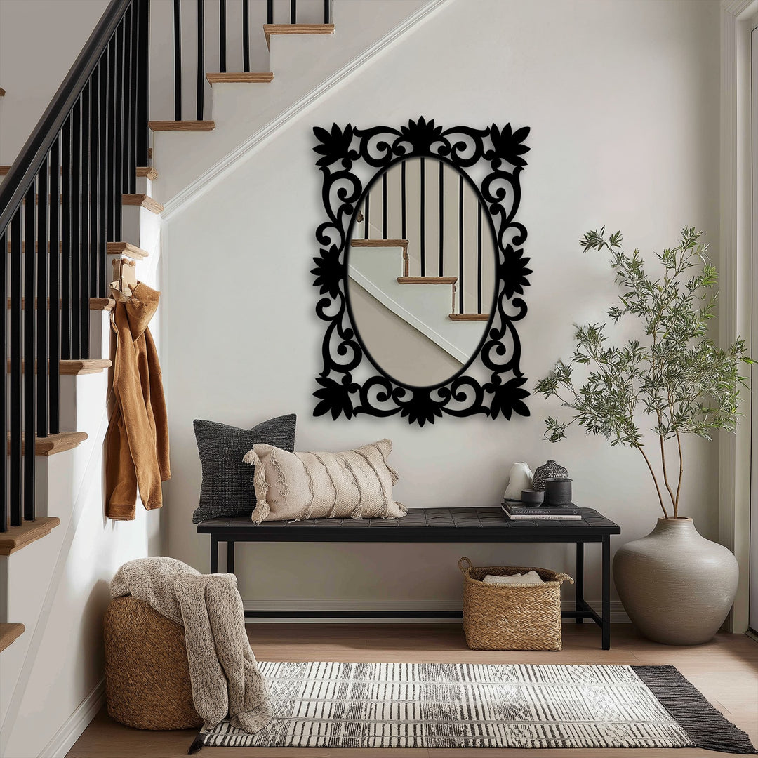 Black finish of this floral baroque elegance oval floor mirror highlights its ornate details, offering an elegant addition to modern wall mirrors.