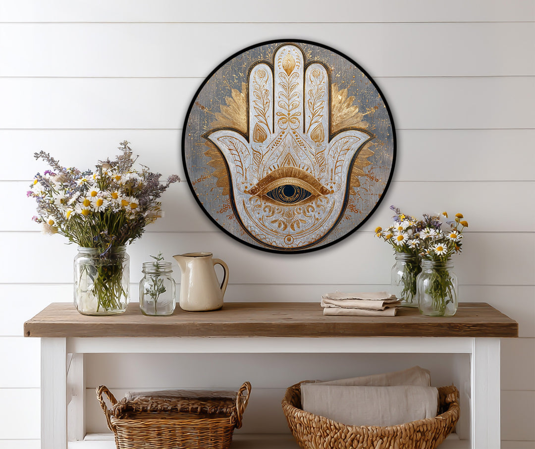 Œil de Hamsa sacré–Rond en bois orné Tableau Peinture à l’huile Art mural