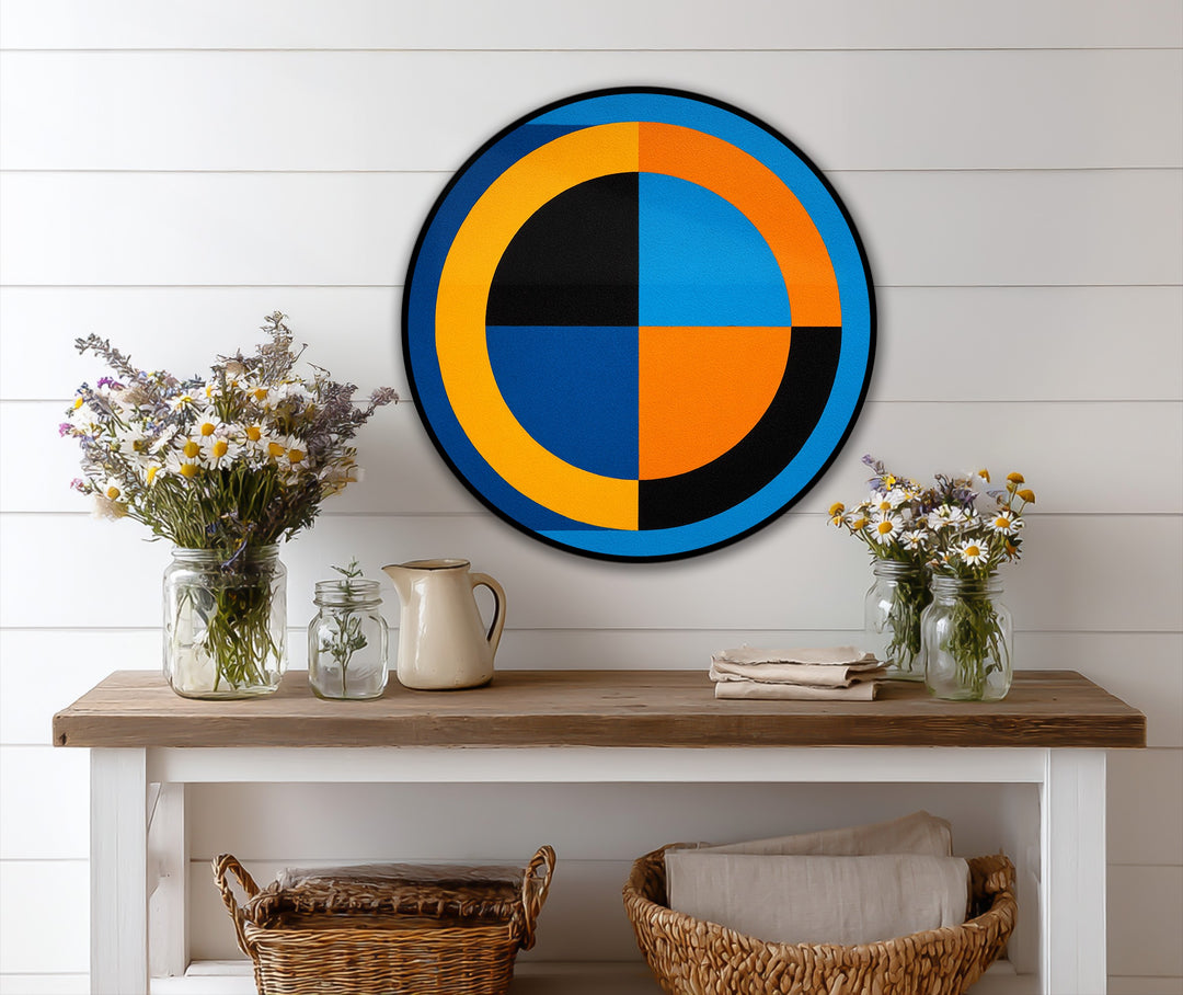 Surface texture shows the simulated brushstrokes of this bold geometry in blue and orange, a modern abstract round oil painting reproduction print.