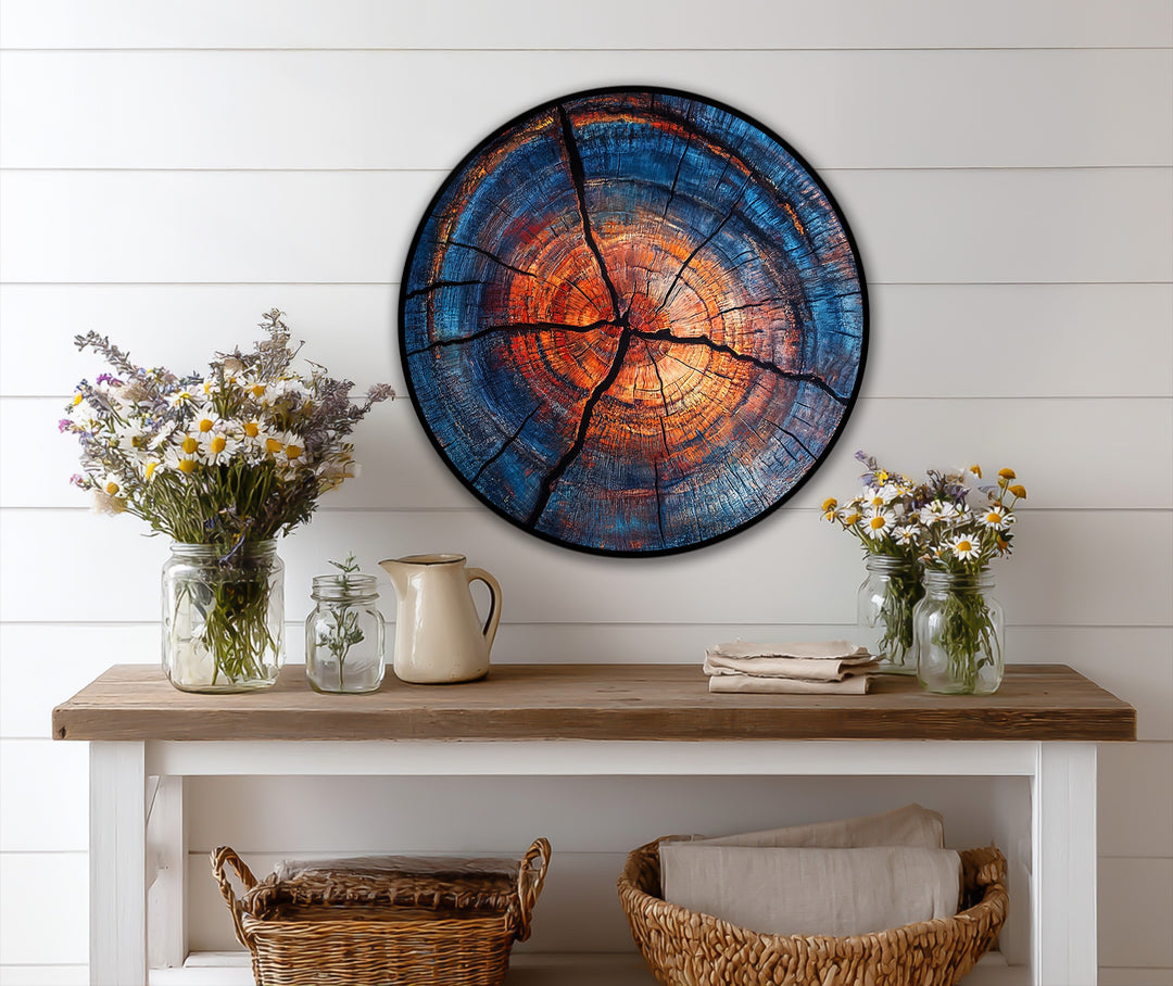 Layered wood rings create a captivating effect in this ember core oil painting reproduction print, featuring rich blue and fiery orange tones that bring a contemporary touch.