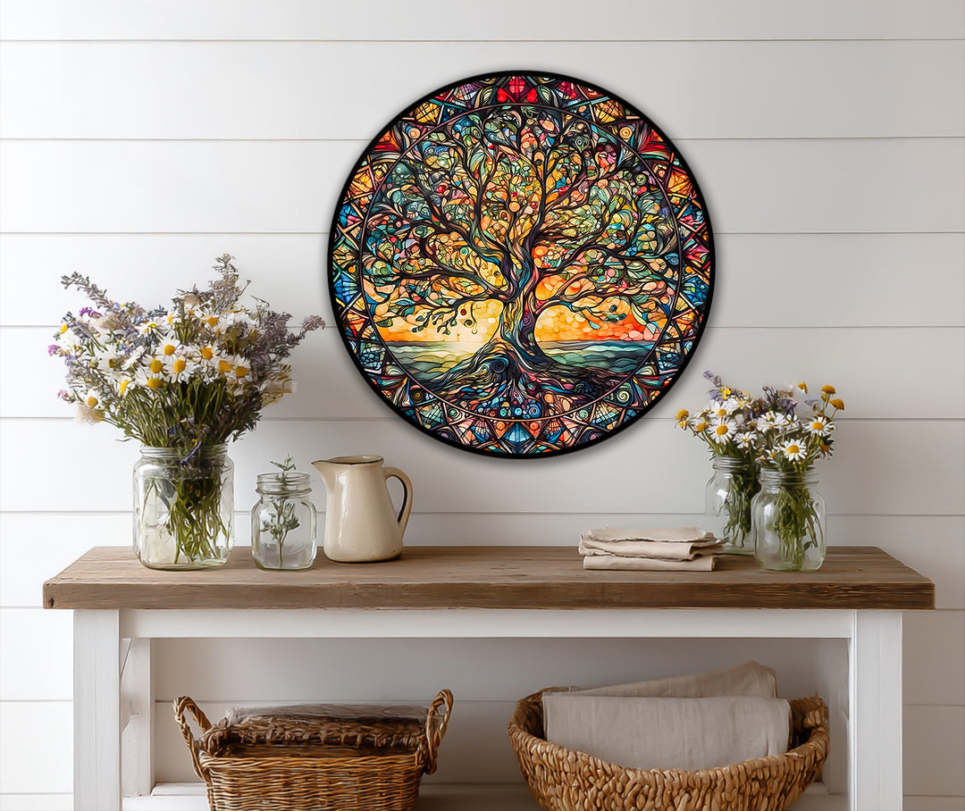 Armonía Radiante – Vitral Árbol de la Vida Redondo Cuadro al óleo