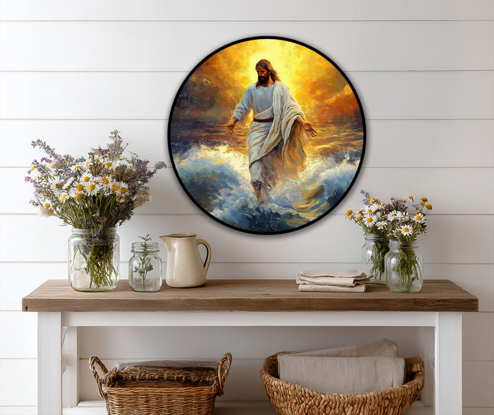 Warm color temperature radiates from the golden sky in this oil painting wall art, contrasting with the cool hues of the ocean waves and figure of faith.