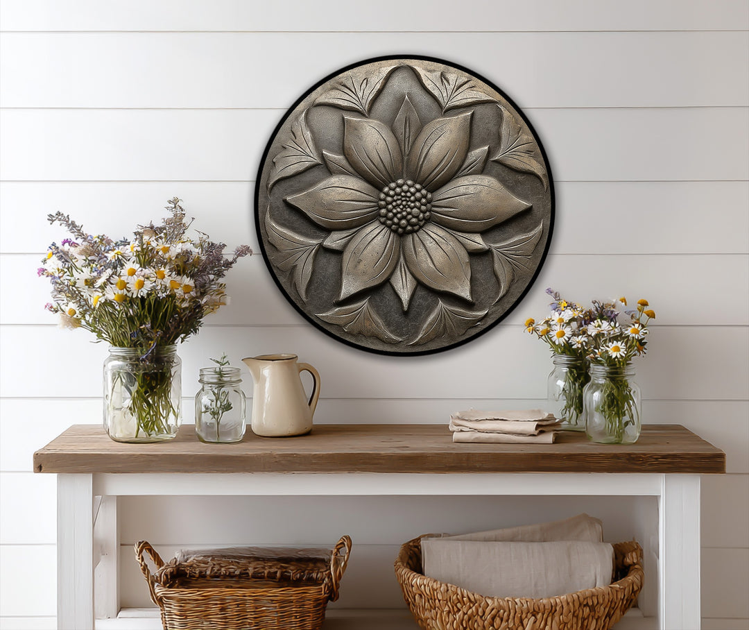Relieve floral vintage redondo Cuadro al óleo