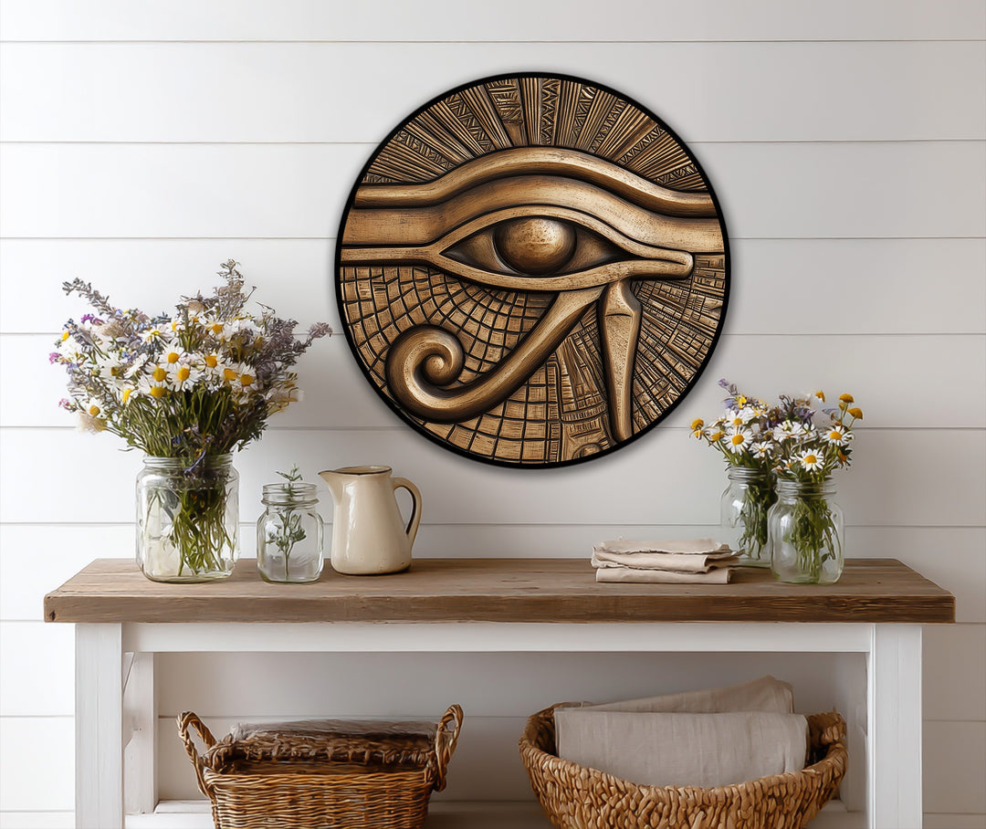 Framed with a bold, dark border, the edge of this circular Egyptian eye design enhances the ancient feel of this striking oil painting wall art.