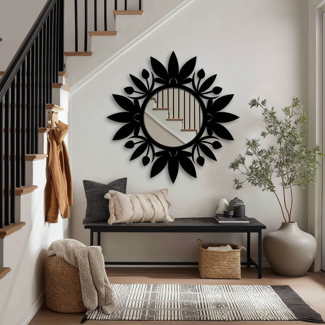 Floral Halo Round Decorative Wall Mirror – Modern Botanical Mirror Wall Decor
