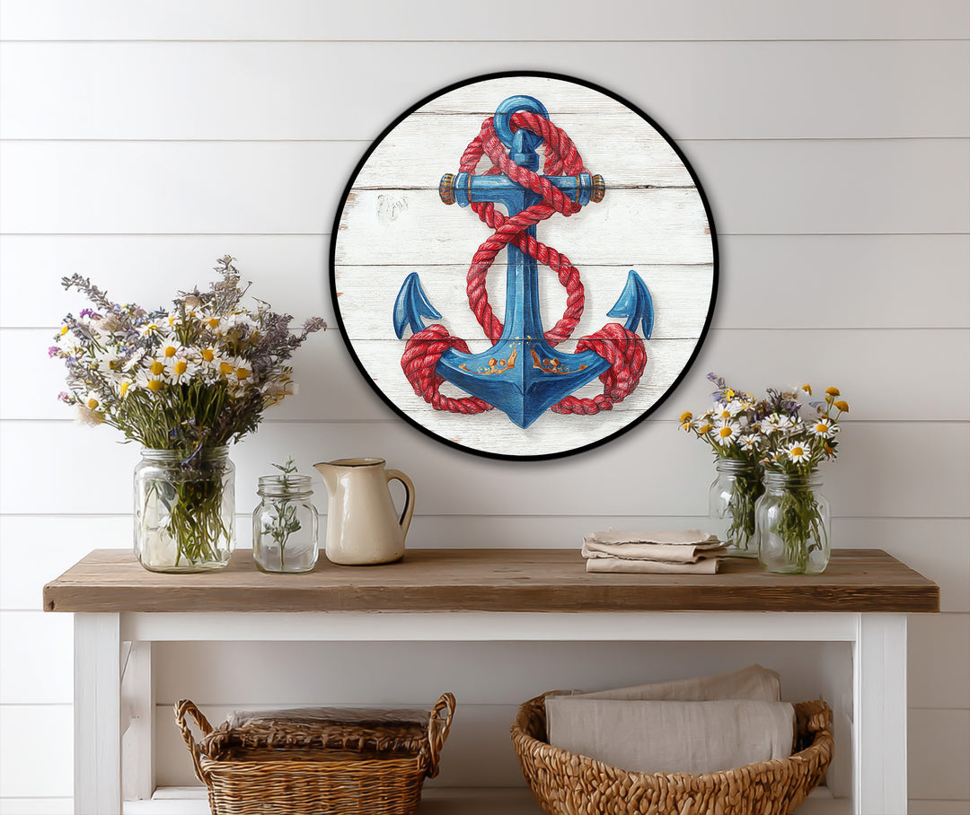 White shiplap background highlights the nautical anchor with red rope round oil painting art piece.