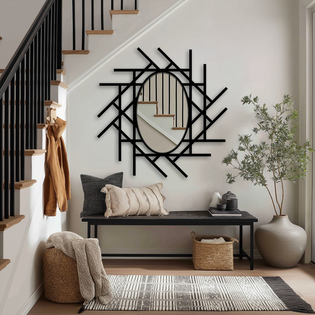 Focal point on this abstract grid oval floor mirror, a modern take on decorating with wall mirrors, framed by an eye-catching geometric design making it a striking addition to any home decor.