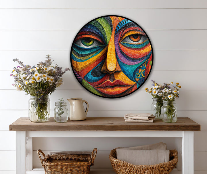 Subtle gradations in this oil painting artwork depict a vibrant, round mosaic face, an expressionist piece where the softest element is the lips, rendered in shades of red.