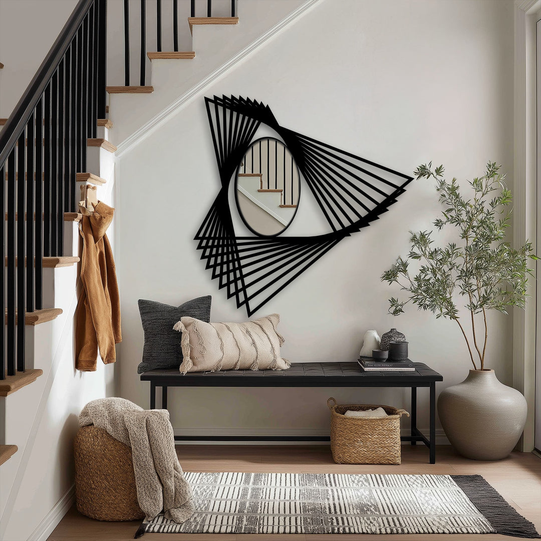 Impression of angular motion emanates from this abstract geometric floor mirror as its decorative metal art lines create an eye-catching, kinetic focal point.