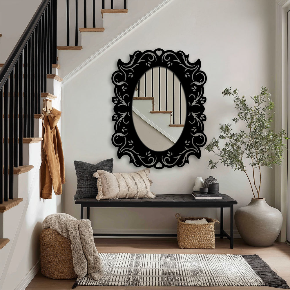 Cool color temperature highlights the black decoration wall art of this romantic floral frame, decorative oval floor mirror, adding a modern touch.