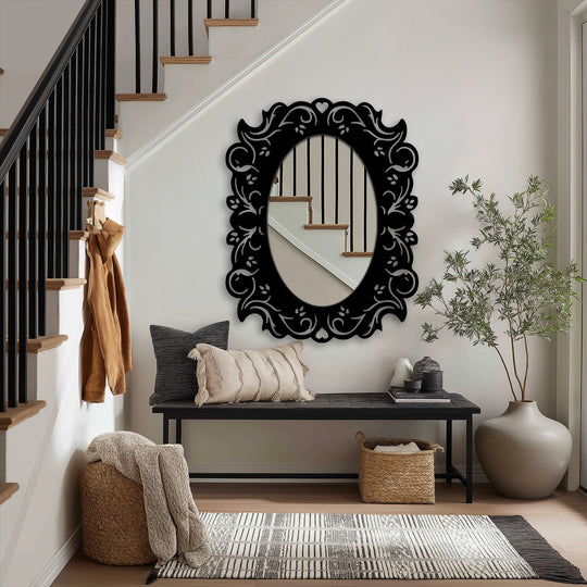 Cool color temperature highlights the black decoration wall art of this romantic floral frame, decorative oval floor mirror, adding a modern touch.