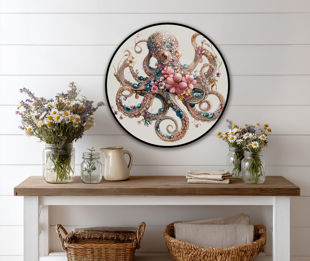 The shiplap background showcases a floral jeweled octopus round oil painting, emphasizing the elegant ocean motif as a piece of modern oil painting art.