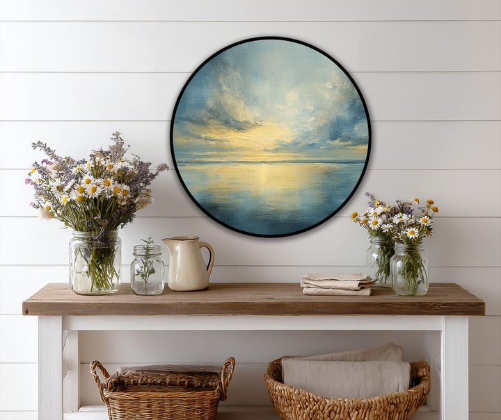 Layered depth is conveyed in this modern oil painting art, where a tranquil horizon and golden sunset create a serene coastal scene.