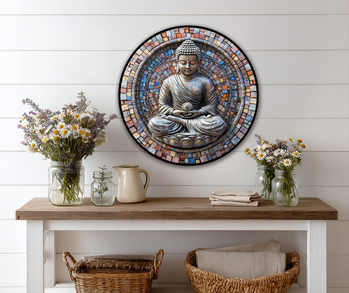 Exquisitely rendered mosaic Buddha in the round exhibits superb material quality with each colorful tile of the oil painting art piece precisely placed, creating a serene focal point.