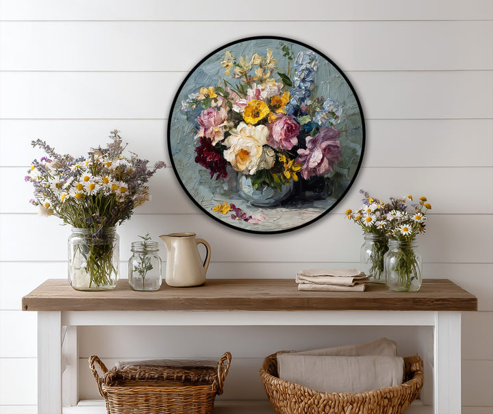Noticeable surface texture defines the radiant garden bouquet oil painting decoration, enhancing the expressive, round floral composition.