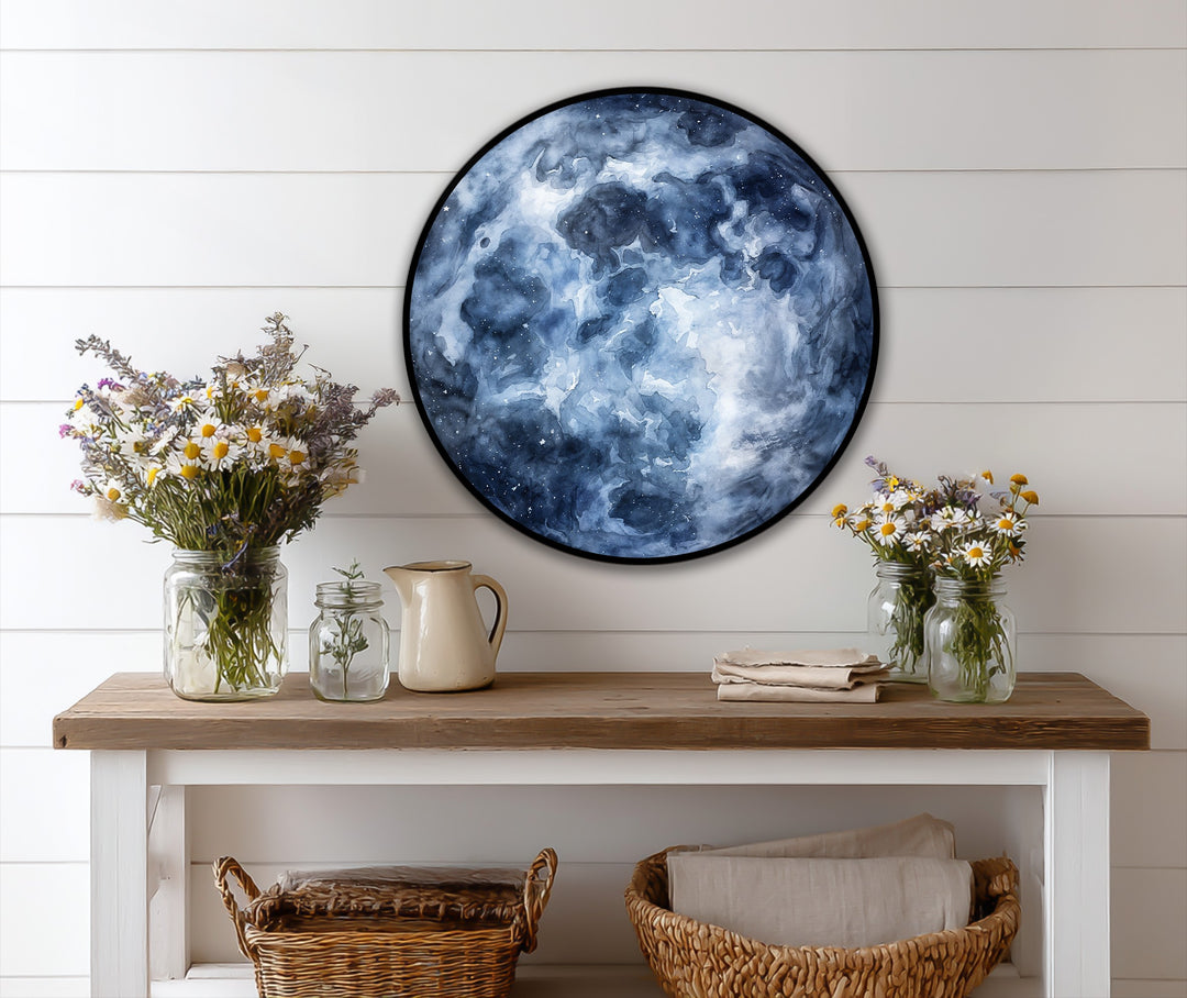 Evoking movement, the swirling brushstrokes of this deep blue abstract round midnight nebula oil painting artwork suggest cosmic clouds in constant, calming flux.