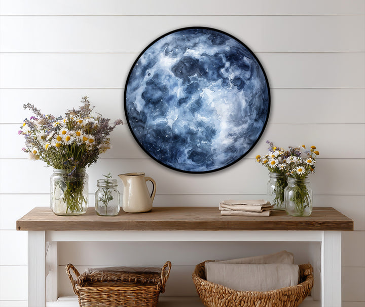 Evoking movement, the swirling brushstrokes of this deep blue abstract round midnight nebula oil painting artwork suggest cosmic clouds in constant, calming flux.