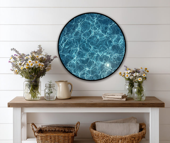 Cool tones dominate this luminous water texture modern oil painting art, a round artwork featuring azure currents and serene light reflections.