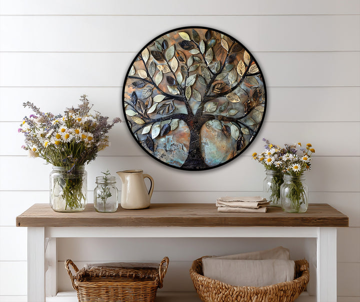 Gentle transition between bronze and sage hues accentuates the textured metal leaf tree, a round oil painting decoration.