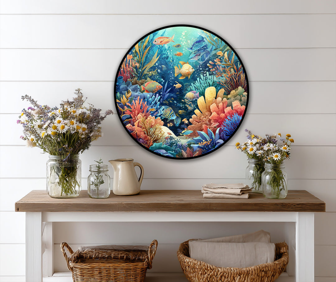 Showcasing the layering effect, this vibrant coral reef round oil painting presents depth through its rich texture, enhancing the beauty of the underwater oil painting wall art.