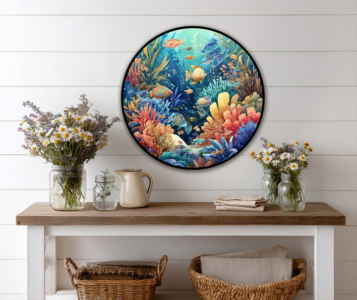 Showcasing the layering effect, this vibrant coral reef round oil painting presents depth through its rich texture, enhancing the beauty of the underwater oil painting wall art.