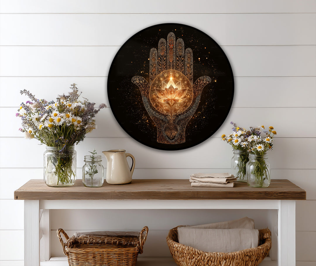 Highlighting the interplay of light and shadow, this golden Hamsa lotus round oil painting home decor features luminous sacred details.