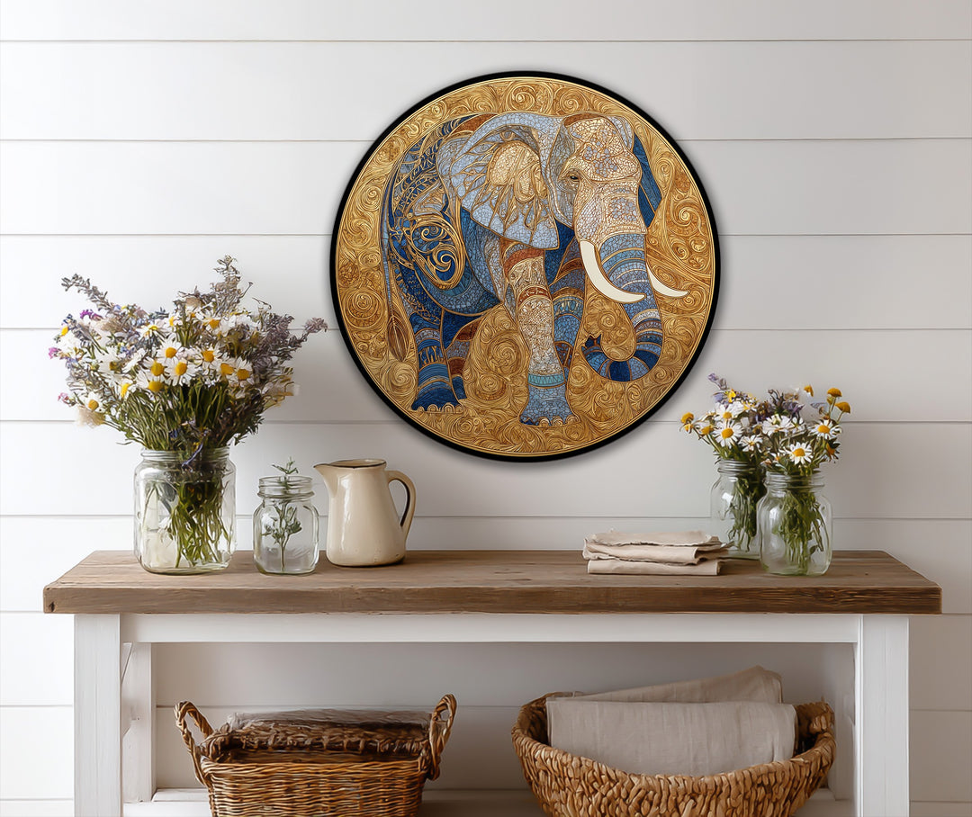With intricate layering, this ornate elephant medallion round oil painting showcases exquisite depth, making it a stunning piece of oil painting art prints for home decoration.