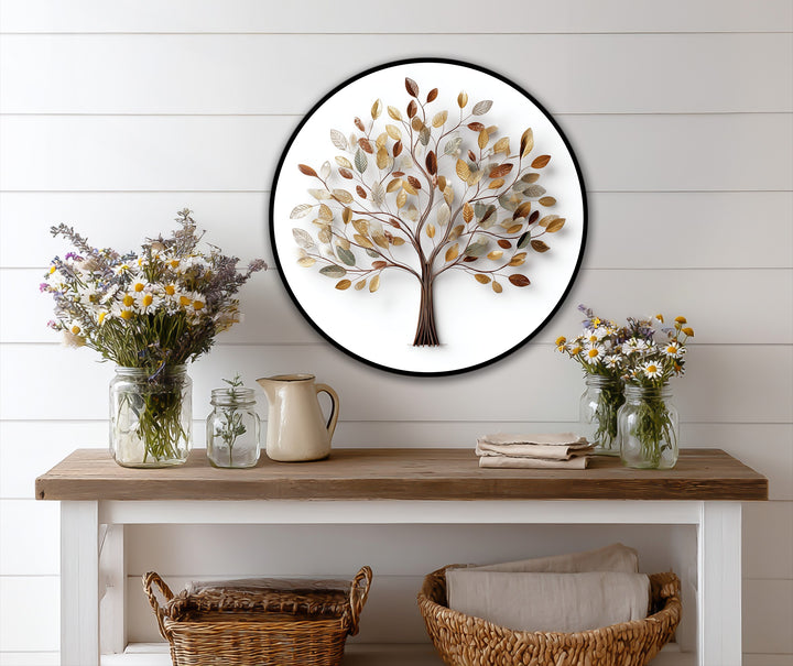 Foreground detail shows two wicker baskets with ivory linens beneath a Golden Leaf Tree round, modern oil painting art on a white wall above.