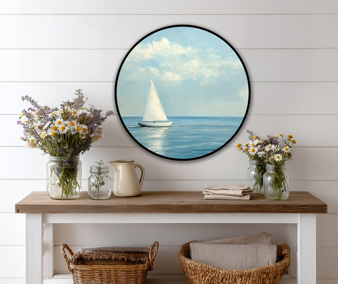 Silent Horizon – Velero minimalista redondo Cuadro al óleo