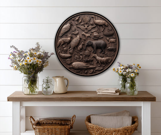 Rustic wildlife relief round oil painting art on wood prominently displays detailed animal carvings, creating a visually striking and expressive modern oil painting art piece.