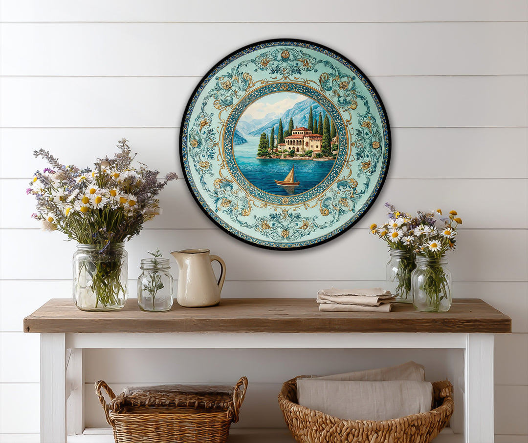 Light and shadow interplay highlights the ornate details of this Mediterranean villa landscape round oil painting wall art, creating depth and texture on the idyllic scene.