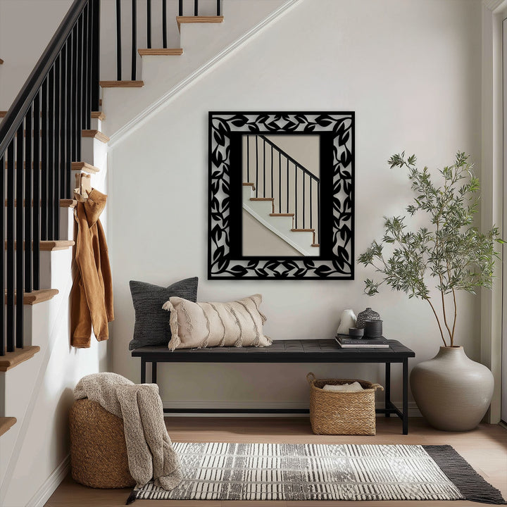 Inviting, peaceful, the leaf pattern frame metal wall mirror creates a welcoming decoration wall art display, reflecting the warmth of the foyer's comforting elements.