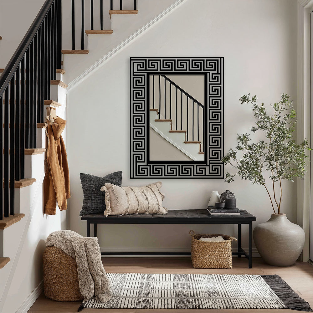 Crafted with a striking black metal design, this greek key pattern frame floor mirror showcases its unique metal wall art construction and durable, geometric frame.
