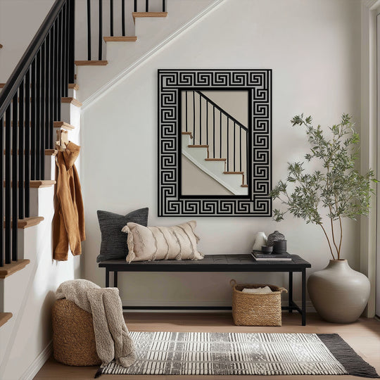 Crafted with a striking black metal design, this greek key pattern frame floor mirror showcases its unique metal wall art construction and durable, geometric frame.