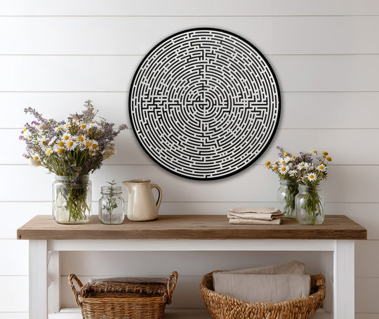 Delicate wildflowers create a soft contrast to the geometric lines of the modern labyrinth oil painting home decor, adding a natural touch to the minimalist design.
