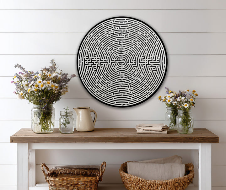 Delicate wildflowers create a soft contrast to the geometric lines of the modern labyrinth oil painting home decor, adding a natural touch to the minimalist design.